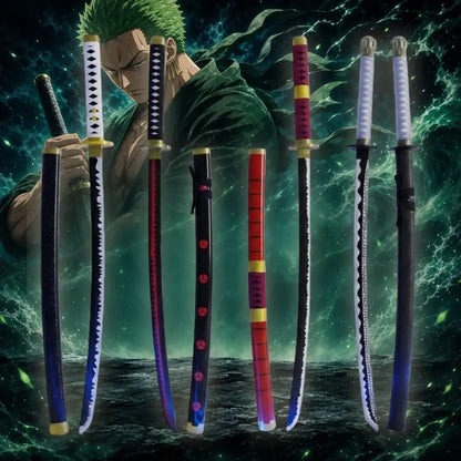 Six one piece zoro katana swords with colorful patterned wood bamboo hilts and scabbards cosplay prop display