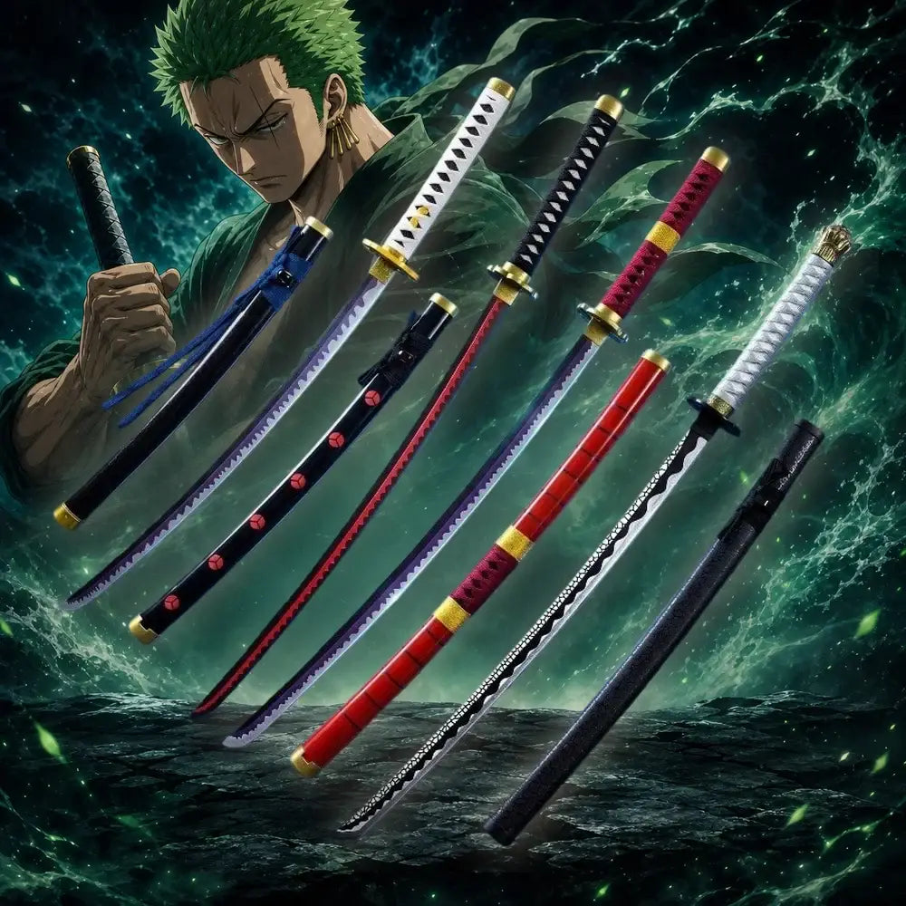 Six ornate one piece zoro katana swords with colorful wrappings and gold accents cosplay prop against dark background