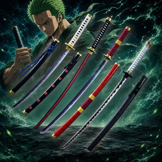 Six ornate one piece zoro katana swords with colorful wrappings and gold accents cosplay prop against dark background