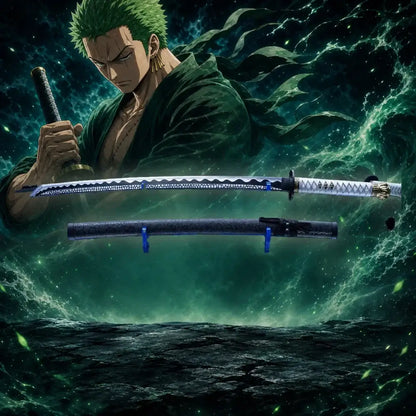 A sleek silver-bladed one piece zoro katana sword with black handle gold accents and dark blue scabbard cosplay prop