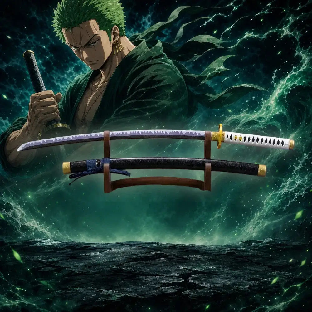 Detailed 40 inch one piece zoro katana sword cosplay prop with gleaming silver blade and black gold bamboo handle