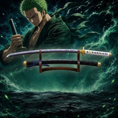 Detailed 40 inch one piece zoro katana sword cosplay prop with gleaming silver blade and black gold bamboo handle