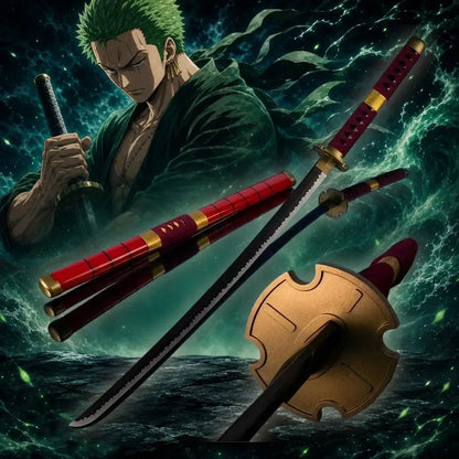 One piece zoro katana sword cosplay prop with red and gold wrap black blade made of 40 inch wood bamboo