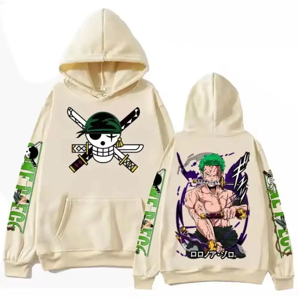 Cream-colored cotton one piece zoro oversized hoodie with skull and swords front graphic and zoro illustration on the back