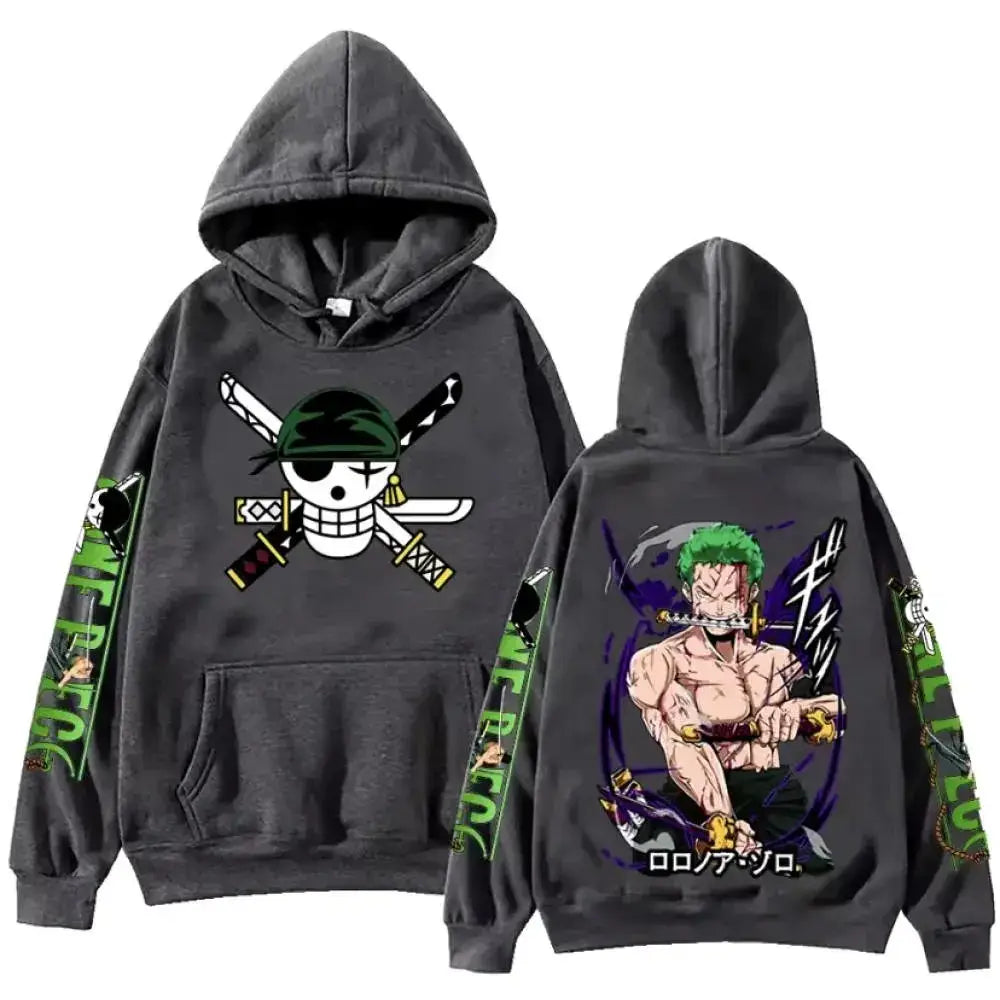 Dark gray cotton one piece zoro oversized hoodie with skull and crossed swords front graphic and anime back design
