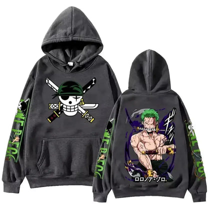Dark gray cotton one piece zoro oversized hoodie with skull and crossed swords front graphic and anime back design