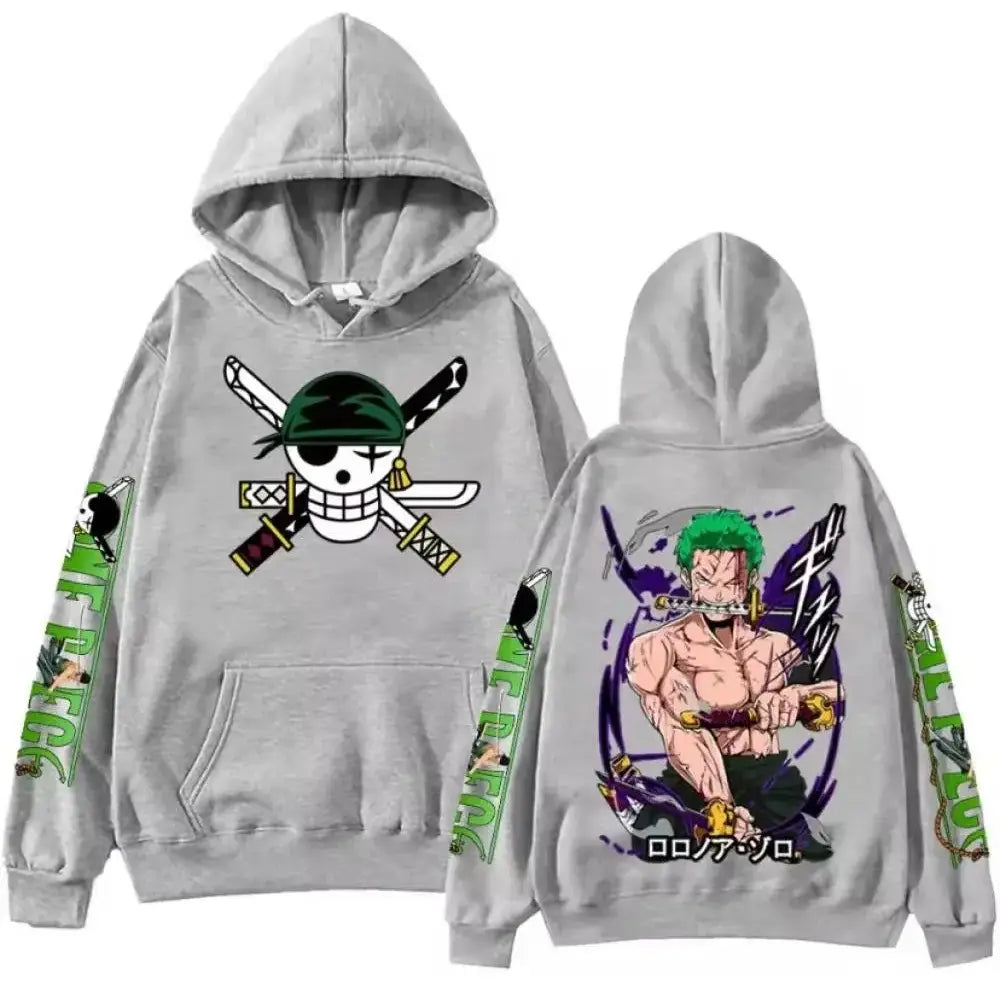 Gray cotton one piece zoro oversized hoodie with vibrant skull crossed swords front and zoro illustration back