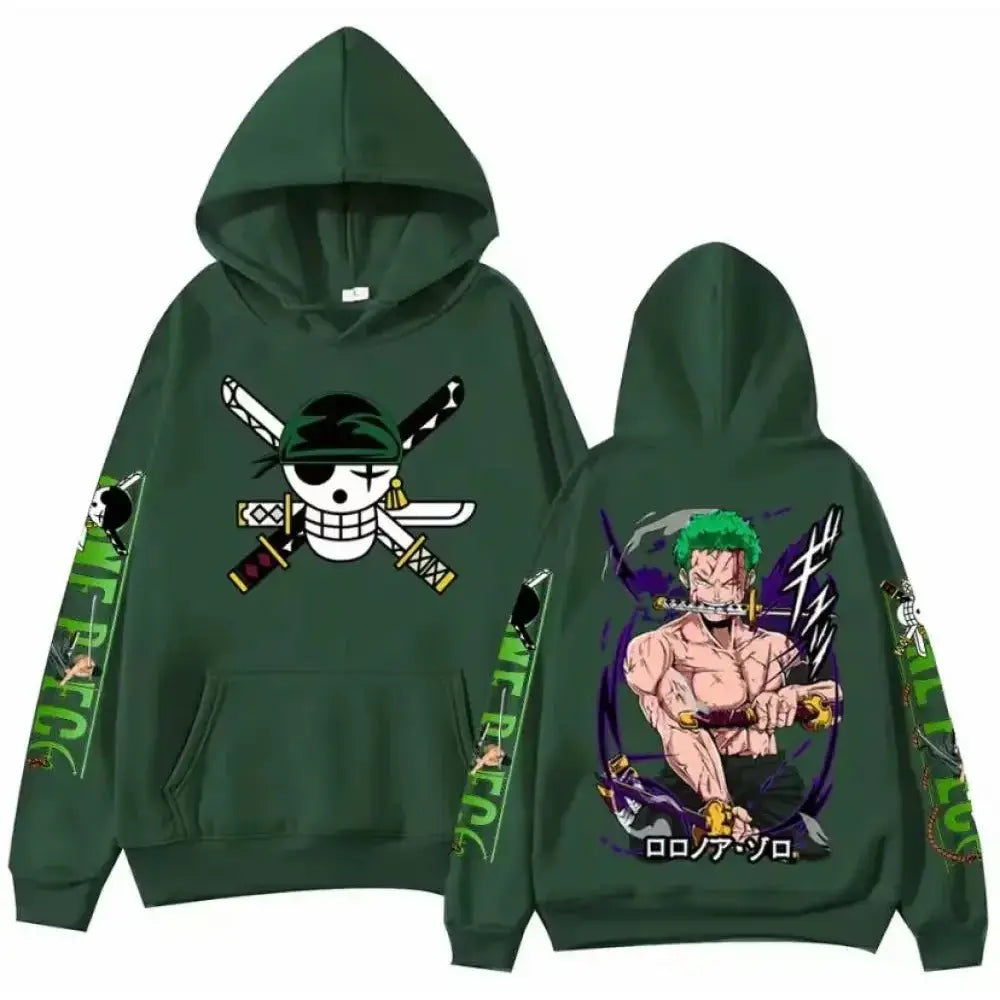 Dark green cotton one piece zoro oversized hoodie with skull crossed swords front and zoro illustration on back view