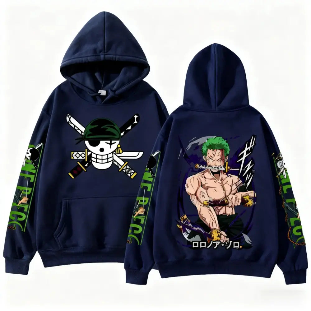 Navy blue one piece zoro oversized hoodie with skull and swords front design and anime character cotton pullover back view