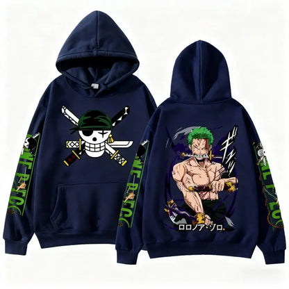 Navy blue one piece zoro oversized hoodie with skull and swords front design and anime character cotton pullover back view