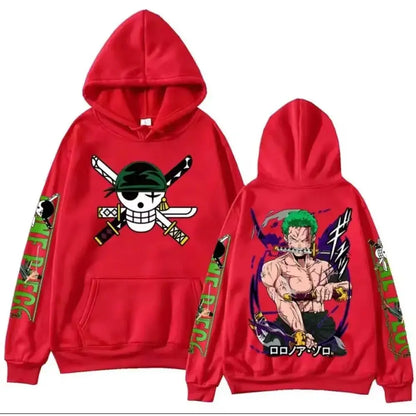 Red hooded cotton pullover featuring vibrant skull with crossed swords front print and piece zoro sword illustration back