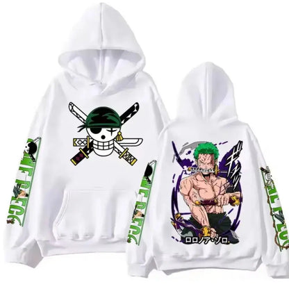 White cotton pullover hoodie with skull and crossed swords front design and piece zoro illustration on back