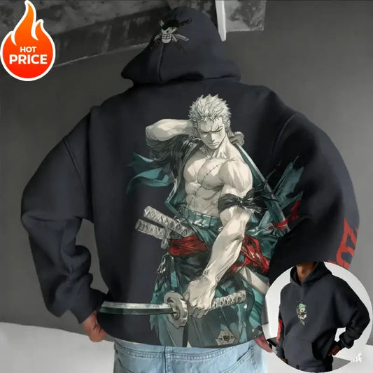 Black hoodie with full-back vintage streetwear print of piece zoro in green attire and signature swords y2k style