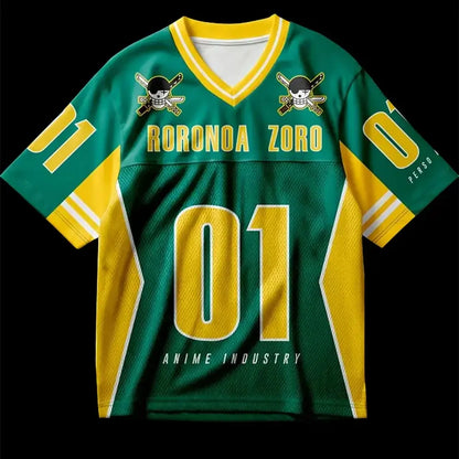 Green and yellow one piece zoro oversized jersey cotton tee with v-neck mesh fabric and roronoa zoro 01 text on chest