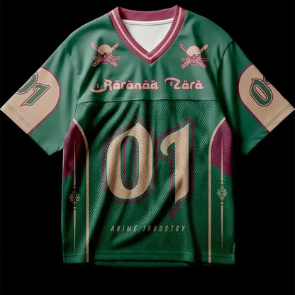 Green and maroon cotton oversized sports jersey featuring roronoa zoro print and beige number 01 from one piece