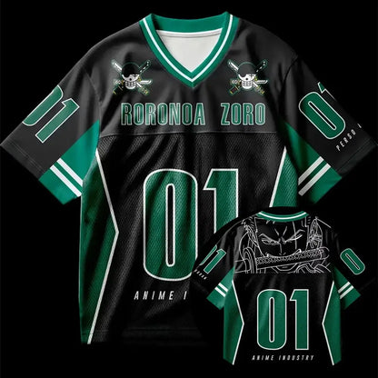 Black and green one piece zoro oversized cotton football jersey with v-neck mesh fabric and bold white trim