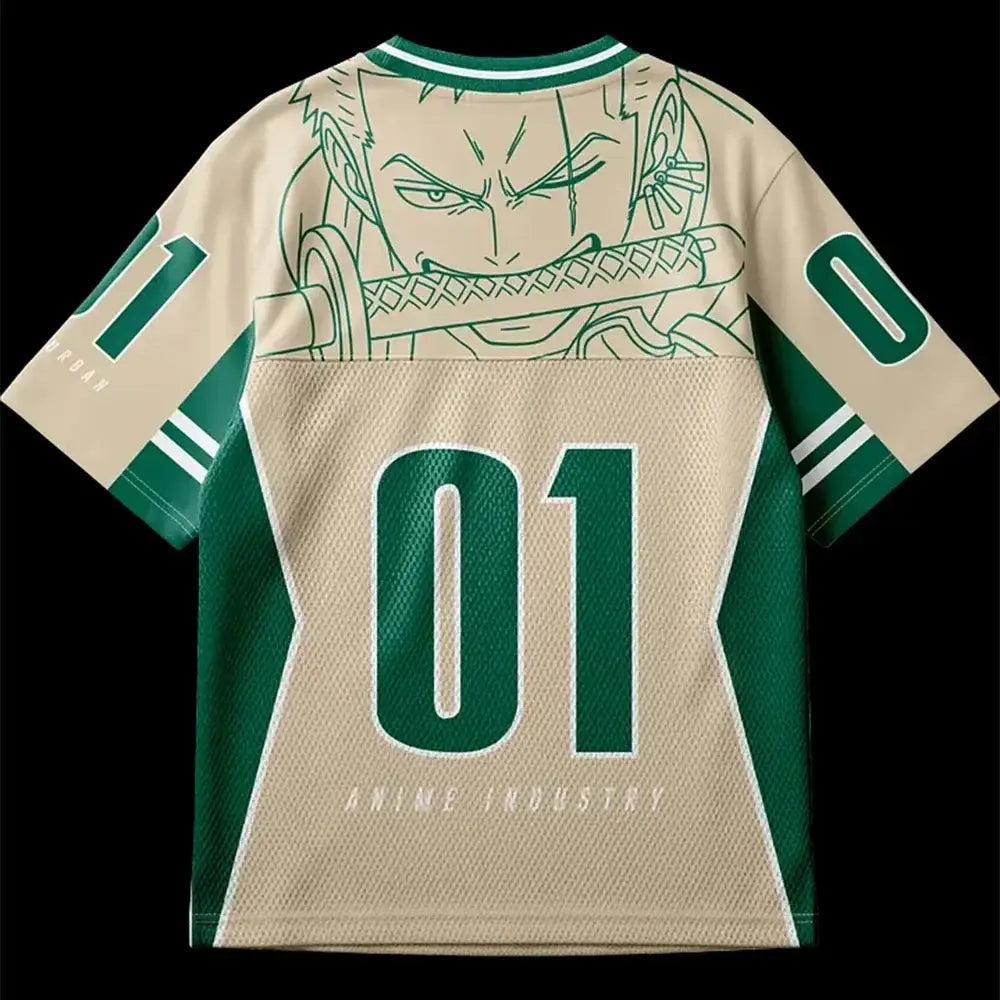 Back of beige and green one piece zoro oversized mesh jersey with cotton tee material and bold 01 number design