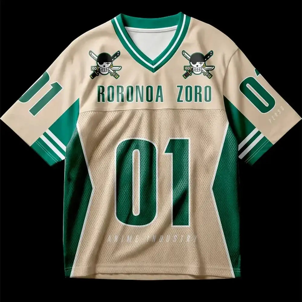 Beige and green cotton one piece zoro oversized jersey with number 01 and skull and crossbones on shoulders back view