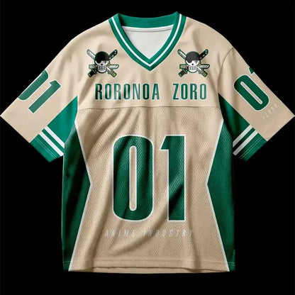 Beige and green cotton one piece zoro oversized jersey with number 01 and skull and crossbones on shoulders back view
