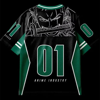 Back of black and green one piece zoro oversized cotton jersey with white sword character line-art and bold 01 number