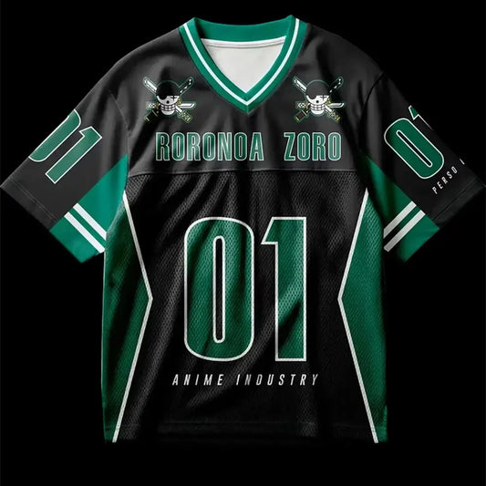 Black and green cotton one piece zoro oversized football jersey with teal roronoa zoro lettering and number 01