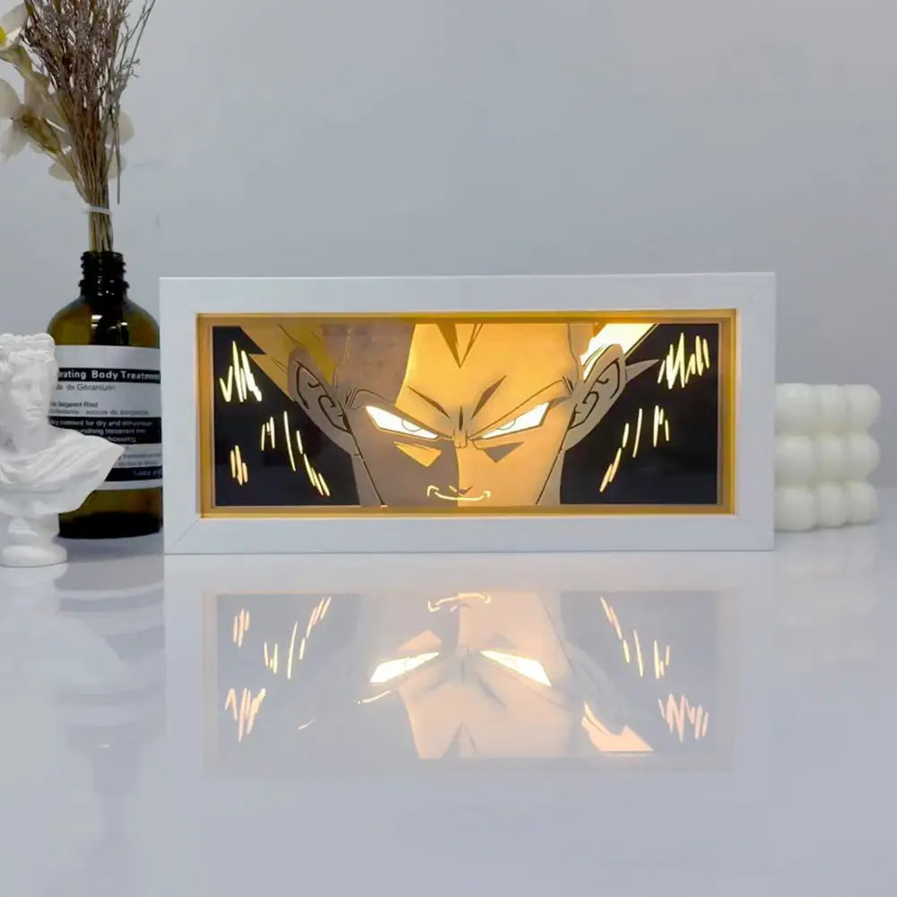One piece zoro paper cut shadow box light with white frame golden hair character and glowing eyes led box light