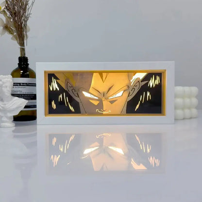 One piece zoro paper cut shadow box light with white frame golden hair character and glowing eyes led box light