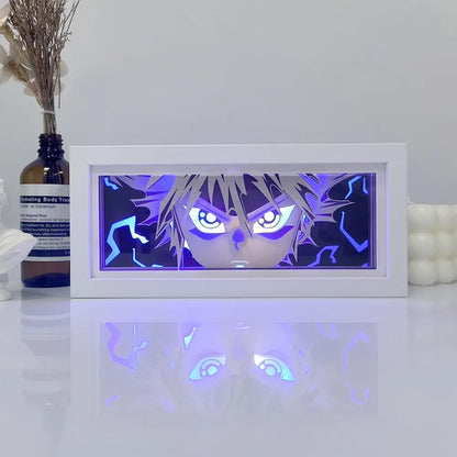 White-framed One Piece Zoro paper cut shadow box light with glowing purple and blue anime character face led box light