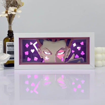 One Piece Zoro white-framed paper cut shadow box light with LED remote control and glowing pink playing card symbols
