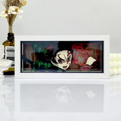 White rectangular framed shadow box light featuring tanjiro kamado anime character with led remote control box light