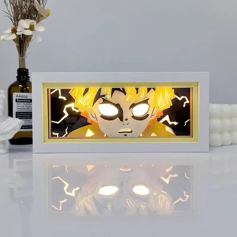 White-framed one piece zoro paper cut shadow box light with glowing yellow-haired anime character and lightning effects