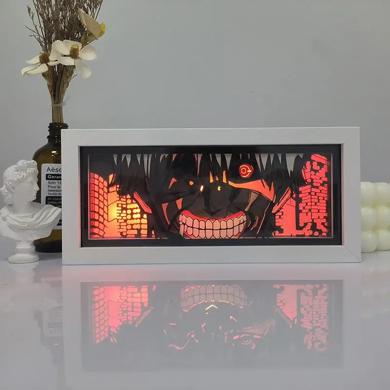 One piece zoro paper cut shadow box light with white frame illuminated by led featuring glowing orange eyes shadow box light