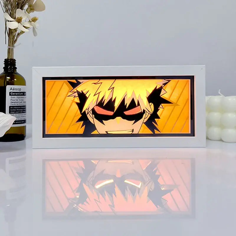 White-framed illuminated one piece zoro paper cut shadow box light with spiky blonde hair character and glowing red eyes