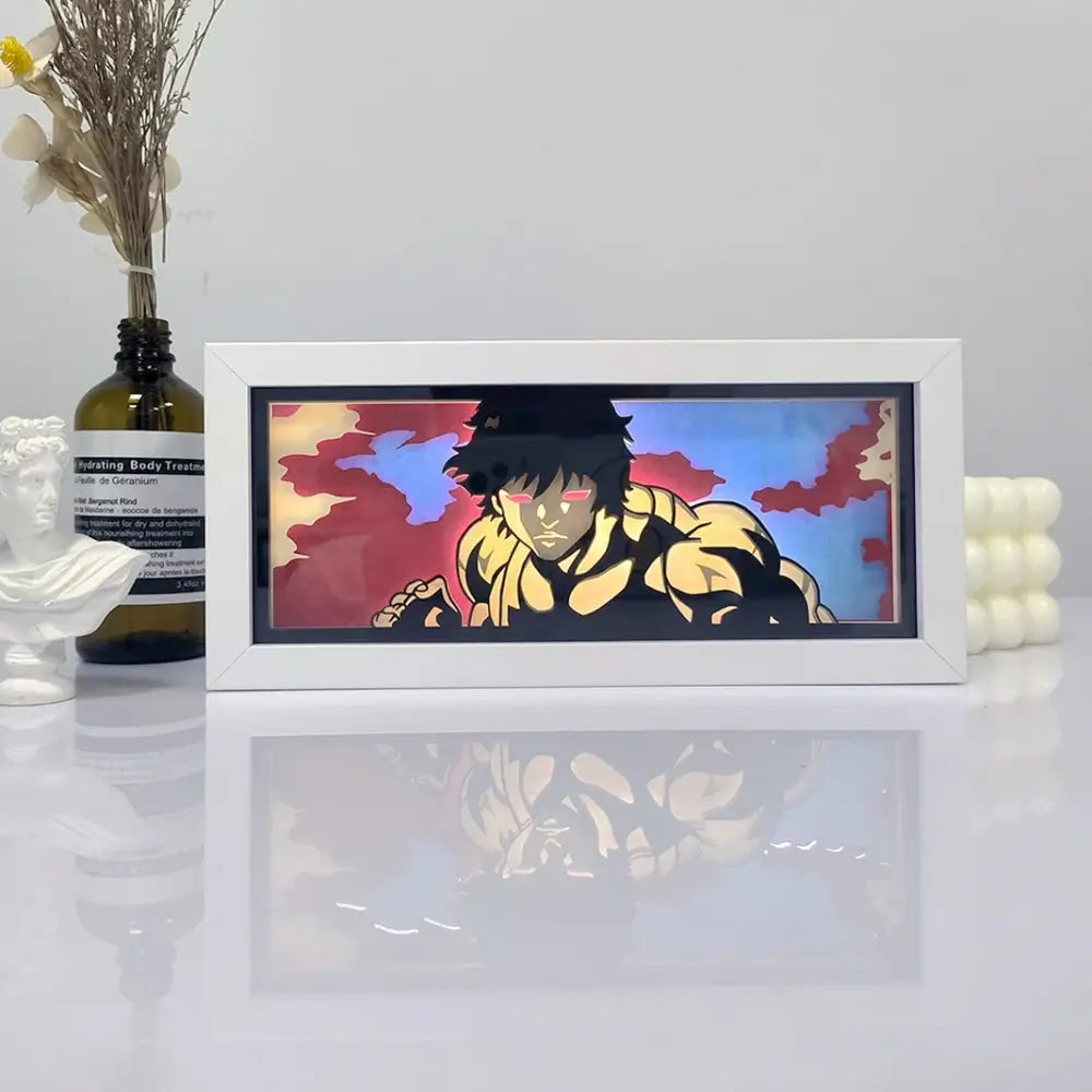 White-framed one piece zoro paper cut shadow box light featuring illuminated anime character with glowing red eyes and vibrant background