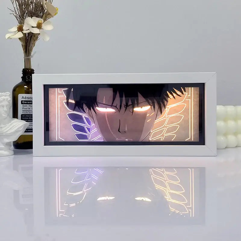White-framed one piece zoro paper cut shadow box light with led remote control featuring glowing eyes and wing patterns