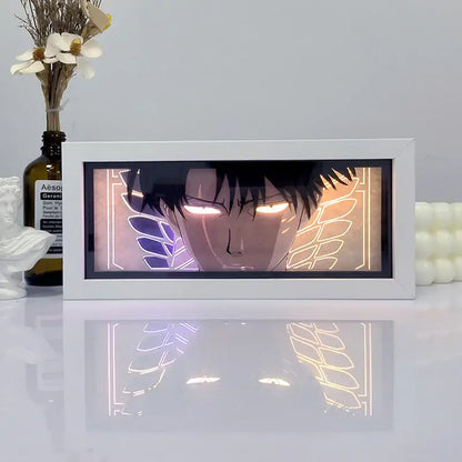 White-framed one piece zoro paper cut shadow box light with led remote control featuring glowing eyes and wing patterns