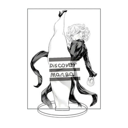 Black and white punch man acrylic stand featuring a curly haired character in a dark jacket on a circular base