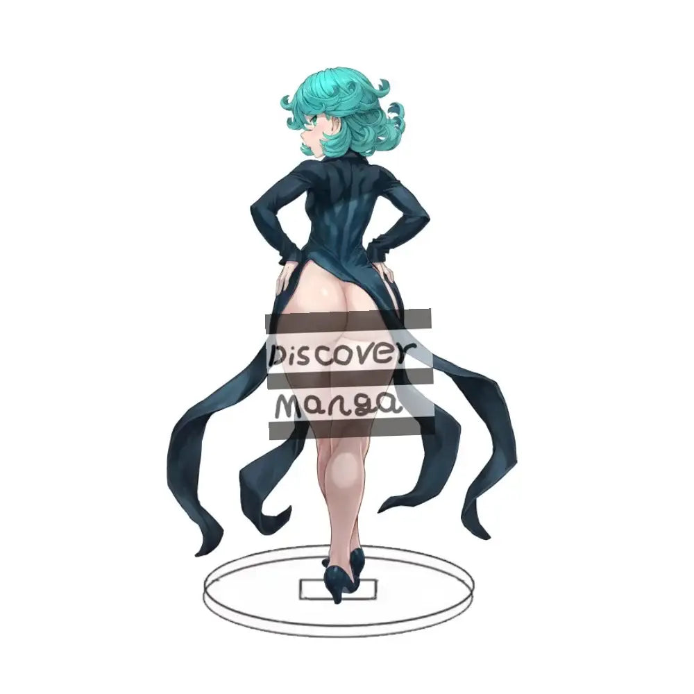 A punch man acrylic stand featuring a 15cm anime figurine with teal hair and a sleek black outfit on an oval base