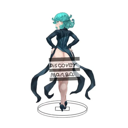 A punch man acrylic stand featuring a 15cm anime figurine with teal hair and a sleek black outfit on an oval base