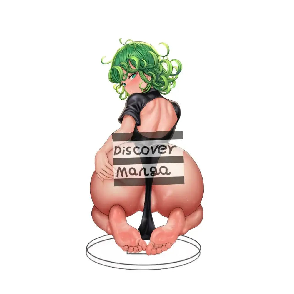 Green-haired curly hair punch man acrylic stand figurine in black outfit sitting on circular base 15cm tall