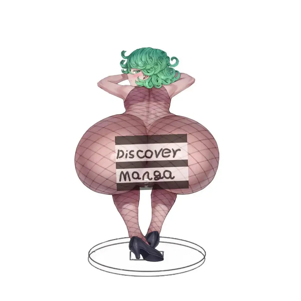 A one punch man acrylic stand featuring a stylized anime figurine with vibrant green curly hair and a pinkish brown fishnet outfit