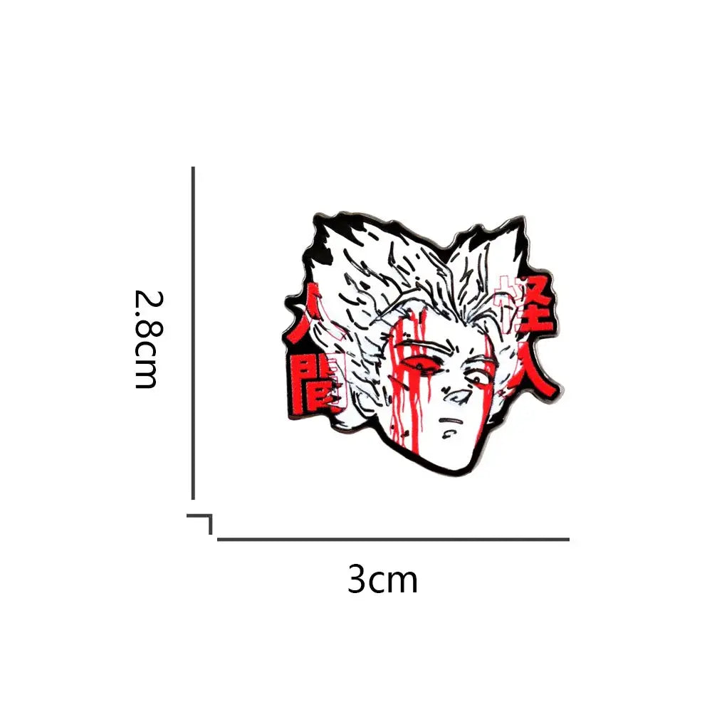 A black-and-white enamel man garou lapel pin featuring a stylized anime character with red kanji and blood streaks