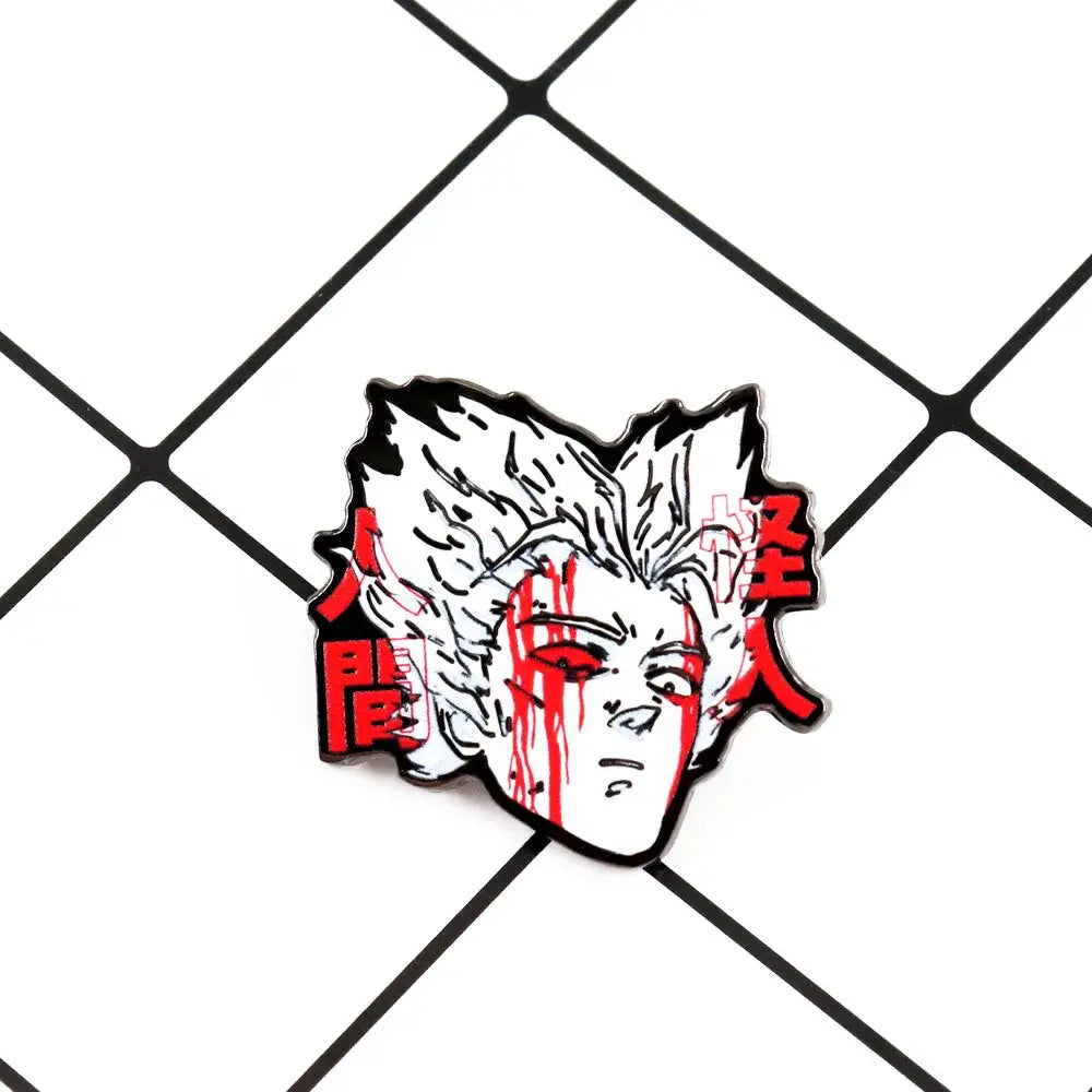 Black-and-white enamel punch man garou lapel pin featuring stylized anime character with red streaks and japanese characters
