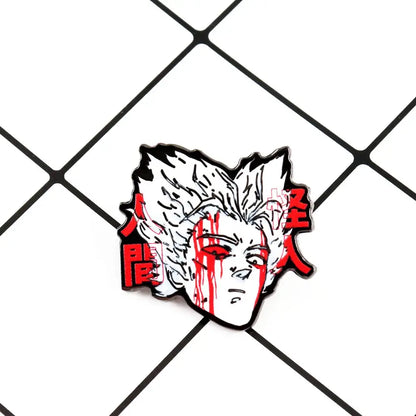 Black-and-white enamel punch man garou lapel pin featuring stylized anime character with red streaks and japanese characters
