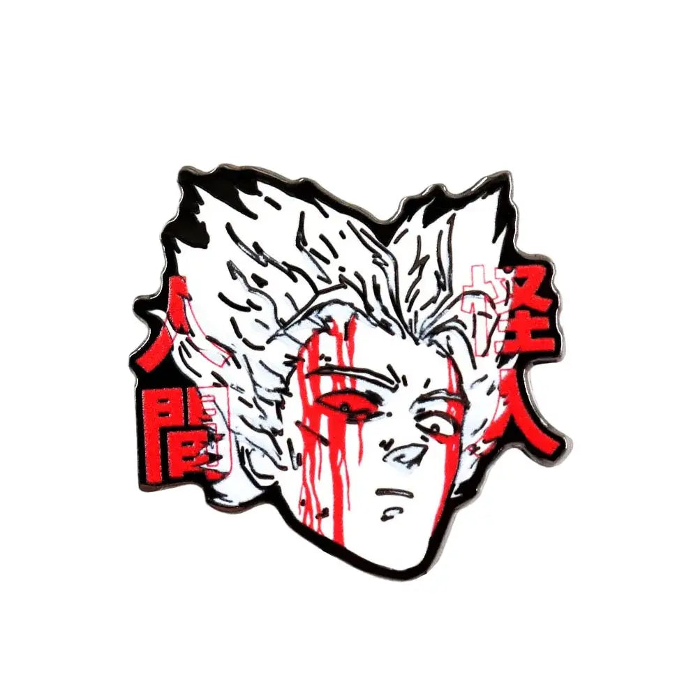 Black and white enamel man garou lapel pin with spiky hair and red japanese characters for punch man garou fans