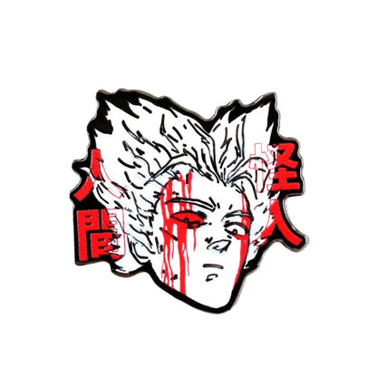 Black and white enamel man garou lapel pin with spiky hair and red japanese characters for punch man garou fans