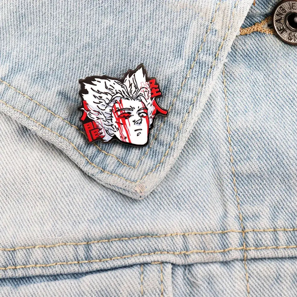 A black white and red enamel punch man garou lapel pin featuring a stylized anime character with spiky hair and kanji