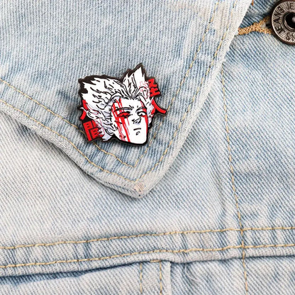 A black white and red enamel punch man garou lapel pin featuring a stylized anime character with spiky hair and kanji