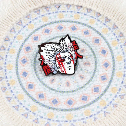 White and red enamel one punch man garou lapel pin featuring stylized anime character with kanji details