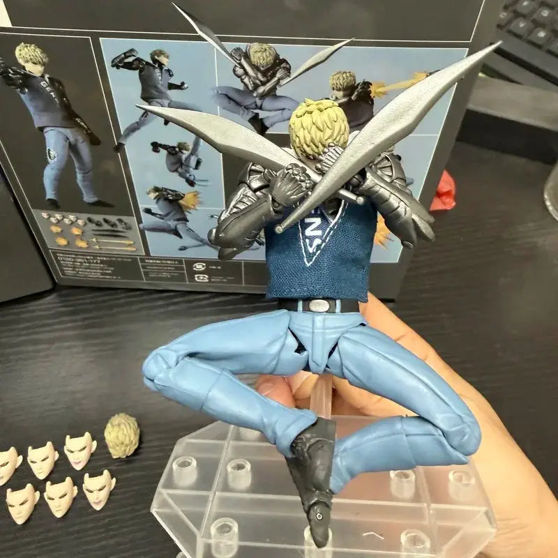 One punch man genos action figure with joint movable limbs in blue jeans and vest wielding two silver swords